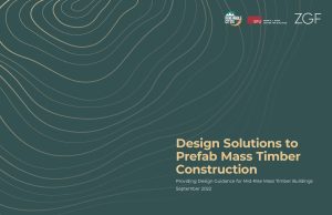 Yellow text reading Design Solutions to Prefab Mass Timber Construction on a dark green background with concentric light yellow lines that look like tree rings