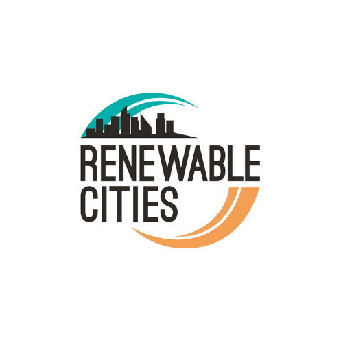 "Renewable Cities" with a city scape on the top of the words, and two wave type decals on the top and bottom to create a circle